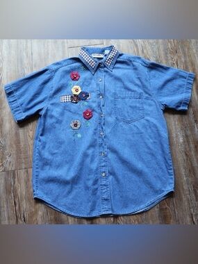 Vintage Haik's Womens Grannycore 90's Novelty Boho Patchwork Denim Button Up L